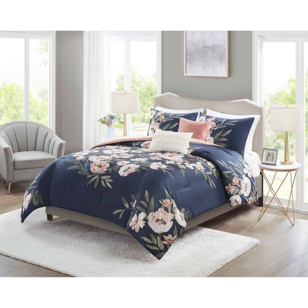 No Brand - 5pc Full/Queen Leilani Floral Print Comforter Bedd Navy/Blush